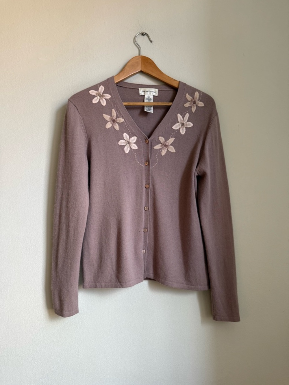 Rena Rowan Angora Blend Cardigan Size S Sweater Pink Mauve Floral Embroidered